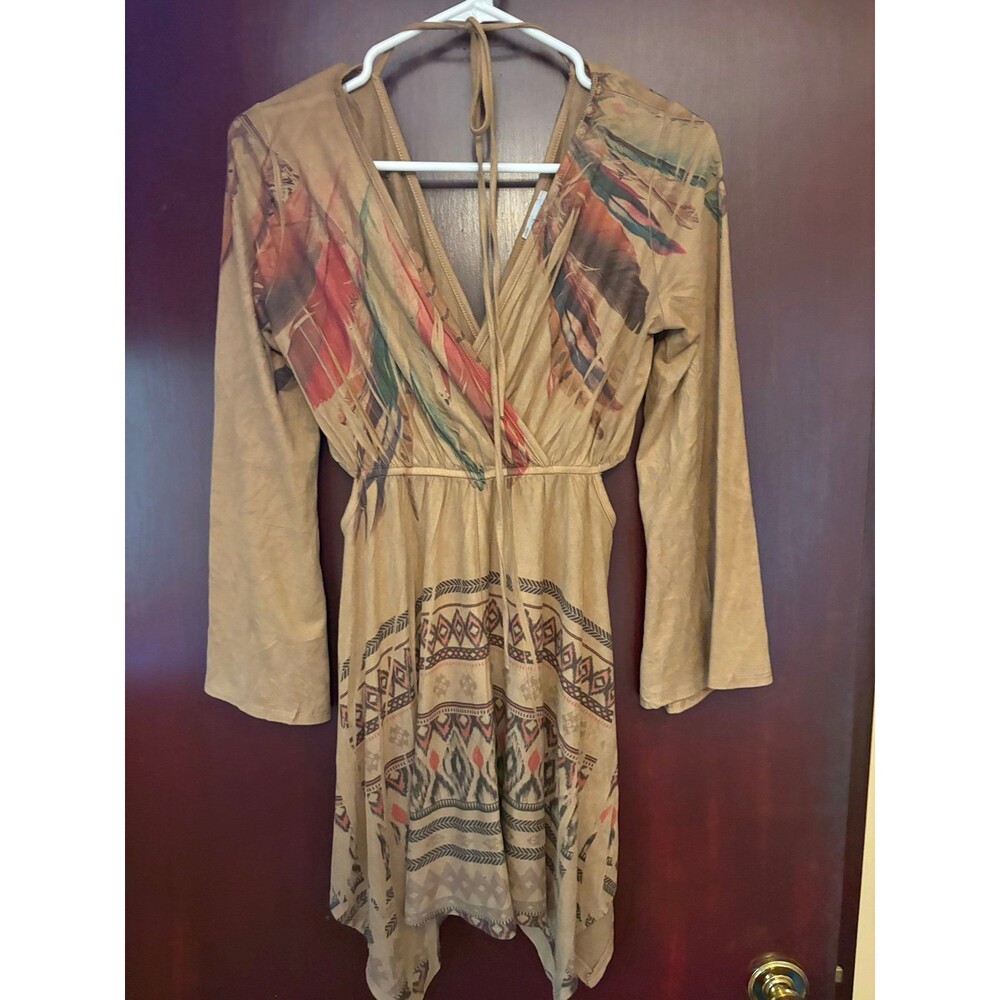 Black Bead Boho Cutout Handkerchief Hem Dress Women’s Small Feather Print - Picture 3 of 8